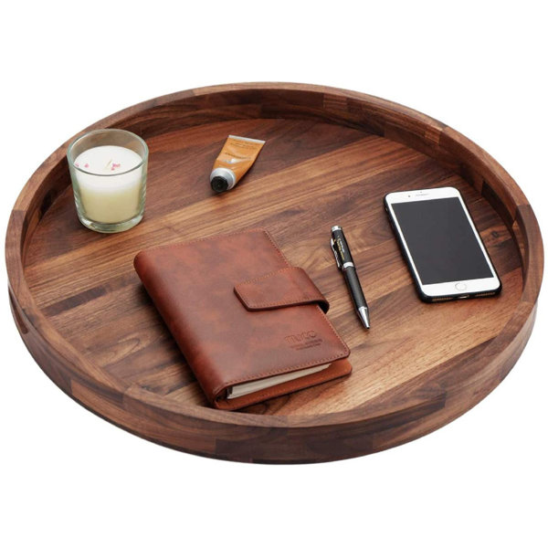 romeidata Extra Large Round Black Walnut Wood Ottoman Tray With Handles